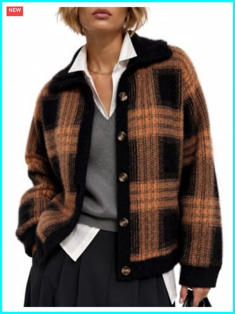 Chunky Knit Plaid Sweater Jacket Button Front Funnel Neck Cardigan